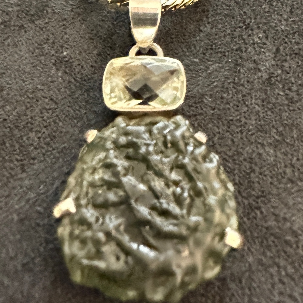 Large Raw Museum Grade MOLDAVITE & HERKIMER Cut Diamond 925 Silver Pendant